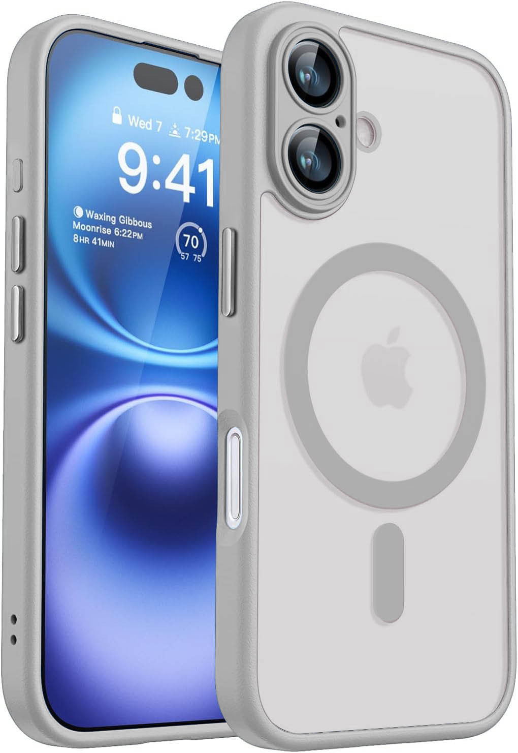 Smartphone with a clear case featuring Apple's MagSafe design on a white background