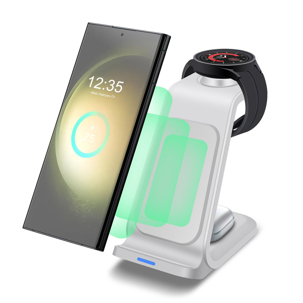 Wireless charging stand with smartphone and smartwatch on a white background