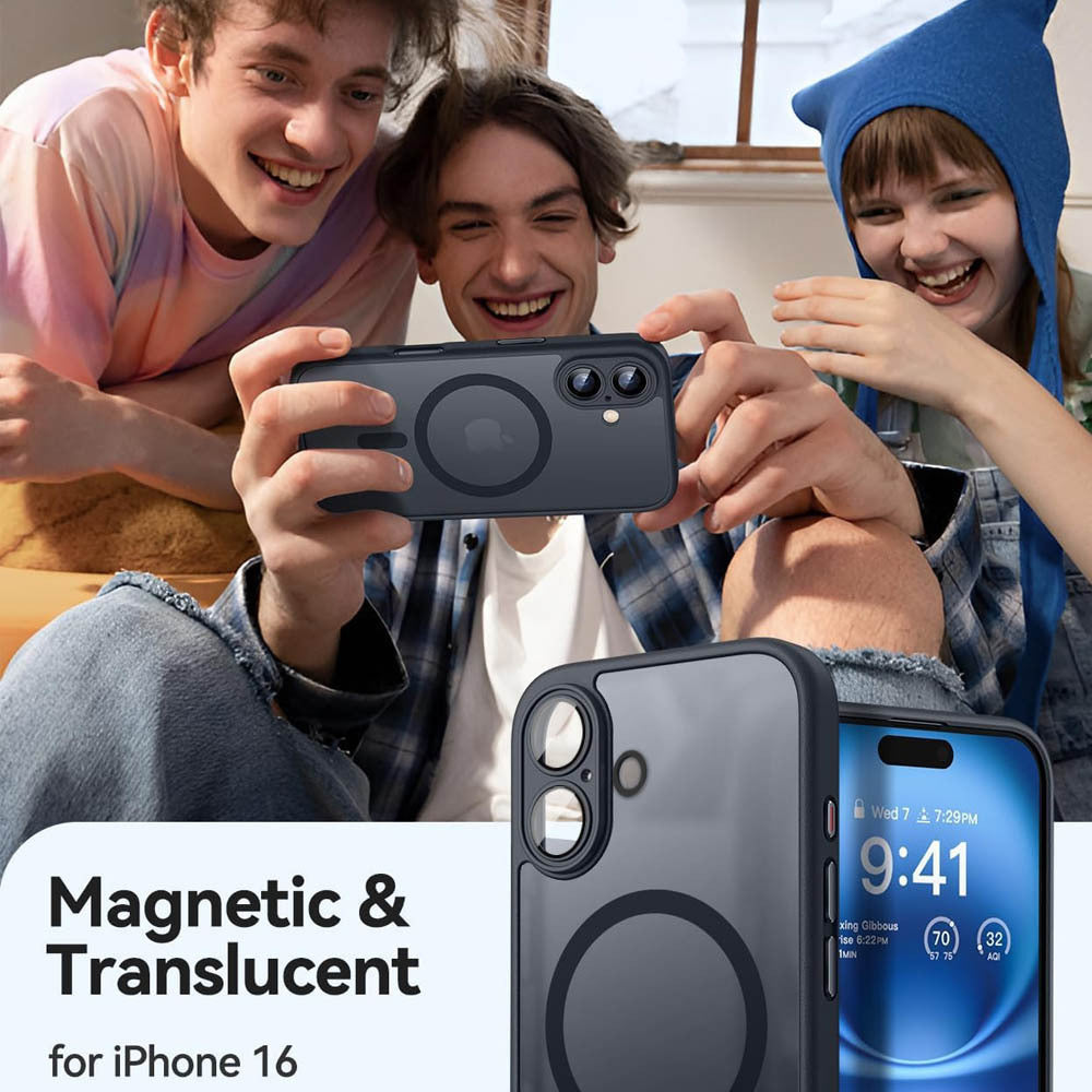 Three people holding a phone with a magnetic and translucent phone case, with additional phone cases displayed below.