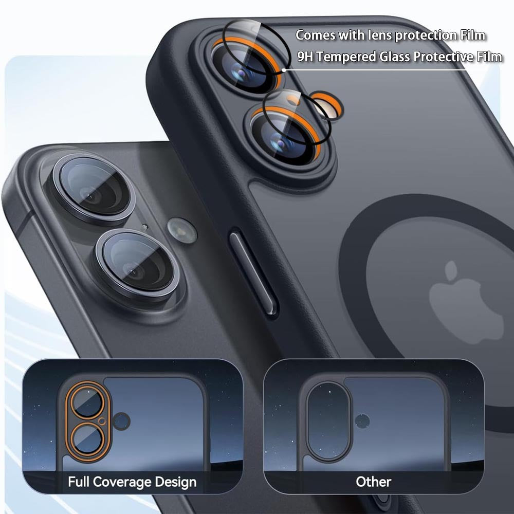 Phone case with camera lens protection film on an Apple device