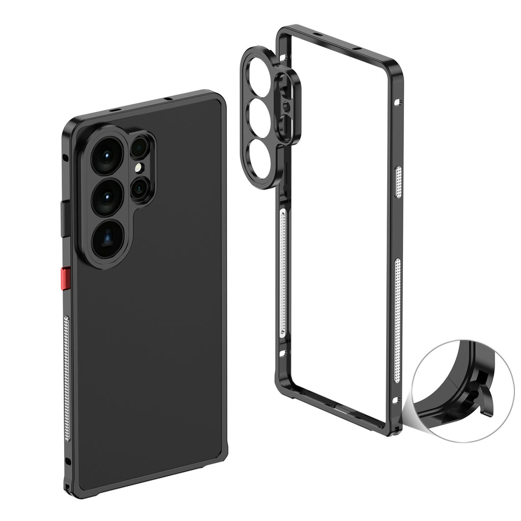 Black Samsung phone case with ring holder attachment on a white background