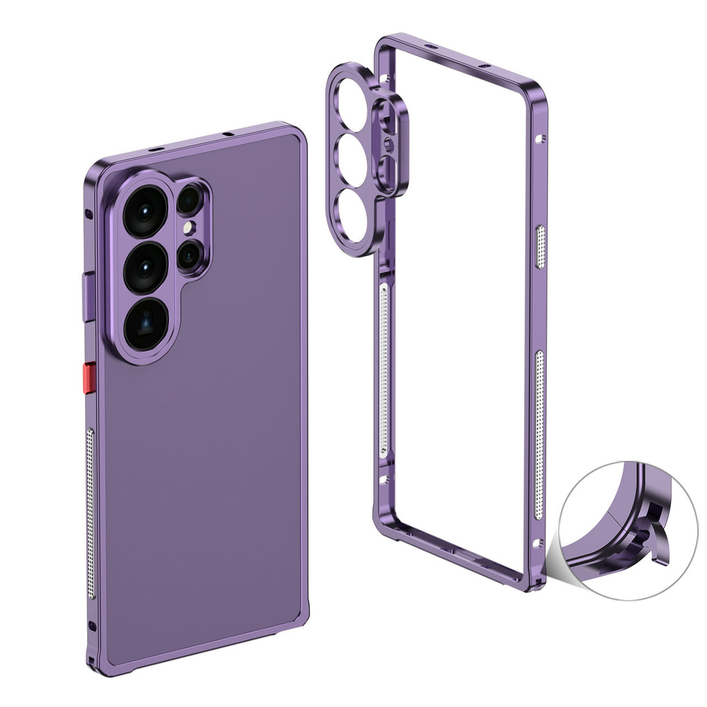 Purple Samsung phone case with metallic accents on a white background