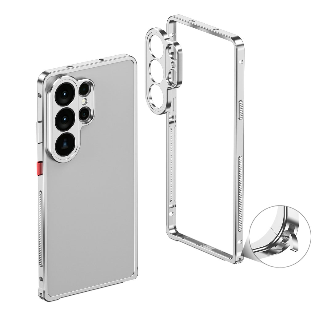 Clear Samsung phone case with metal frame and ring holder on a white background