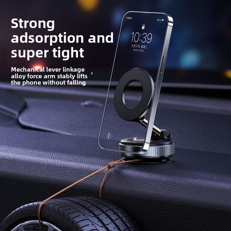 Magnetic vacuum car phone holder foldable universal mount on a car dashboard with text highlighting features