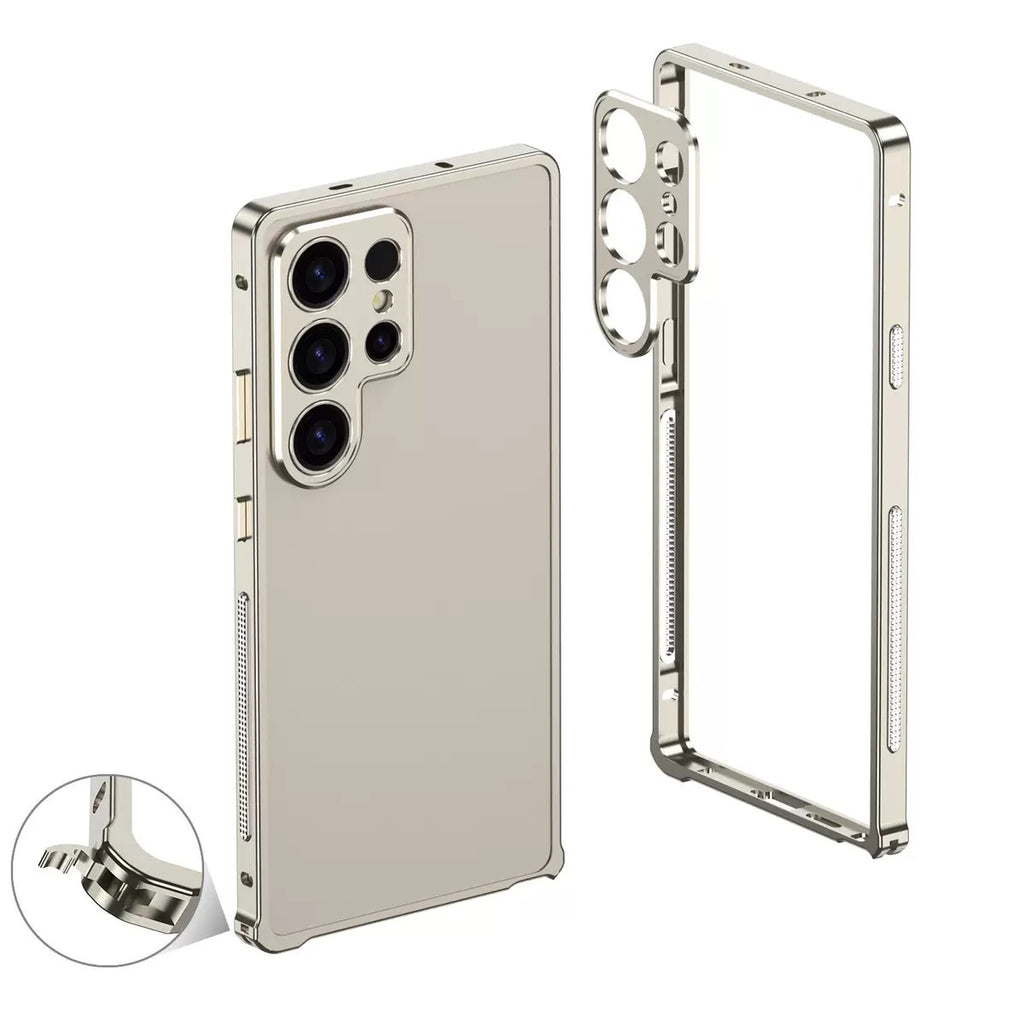 Phone Samsung case with metal frame and camera cutout on a white background