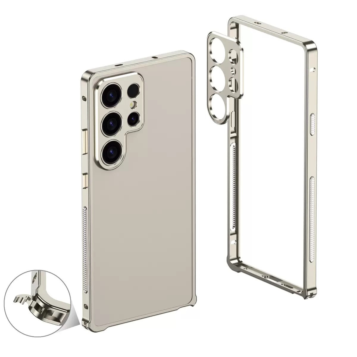 Phone Samsung case with metal frame and camera cutout on a white background