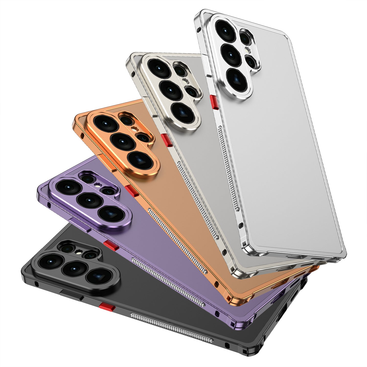 Four Samsung smartphones in different colors stacked on a white background