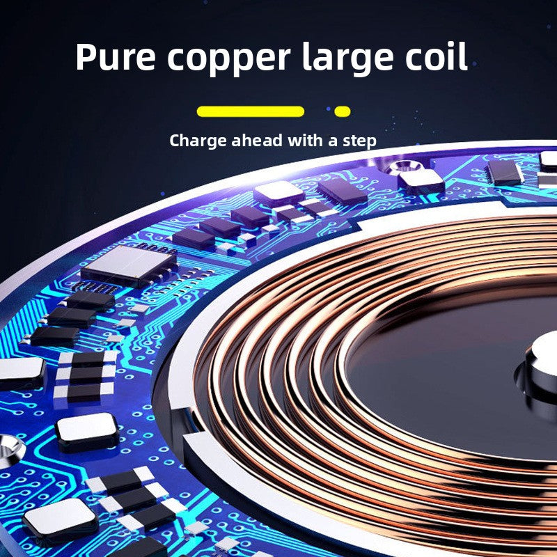 Pure copper large coil on a circuit board with text 'Pure copper large coil' and 'Charge ahead with a step'.