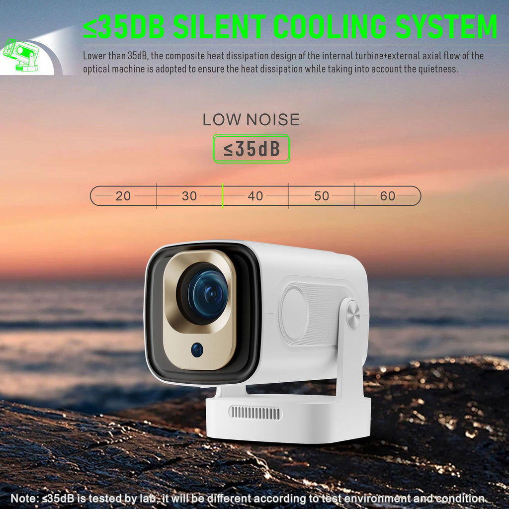 Portable mini projector with autofocus – projecting image with a sunset background and text about silent cooling system