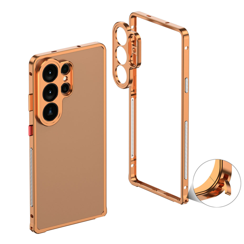 Rose gold Samsung phone case with reflective surface on a white background