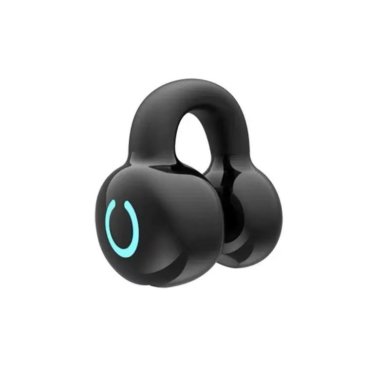 Black wireless earbuds with a blue light on a white background