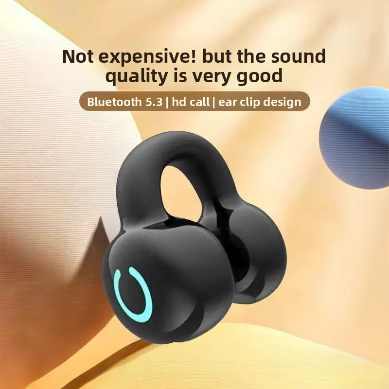 Black wireless earbuds with ear clip design on a beige background, featuring text about sound quality and features.