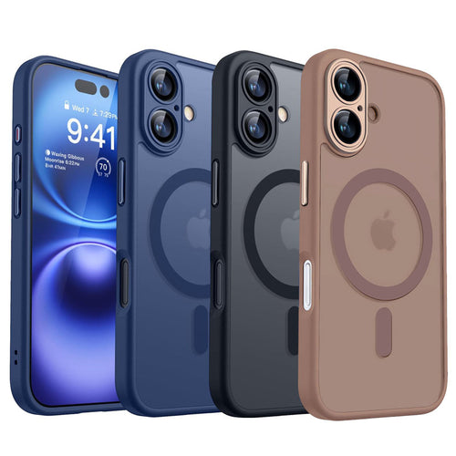 Four phone cases in blue, black, and brown on a white background