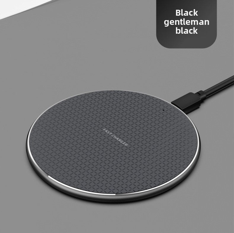 Black 15W aluminum alloy wireless charging pad on a gray background with 'Black gentleman black' text.