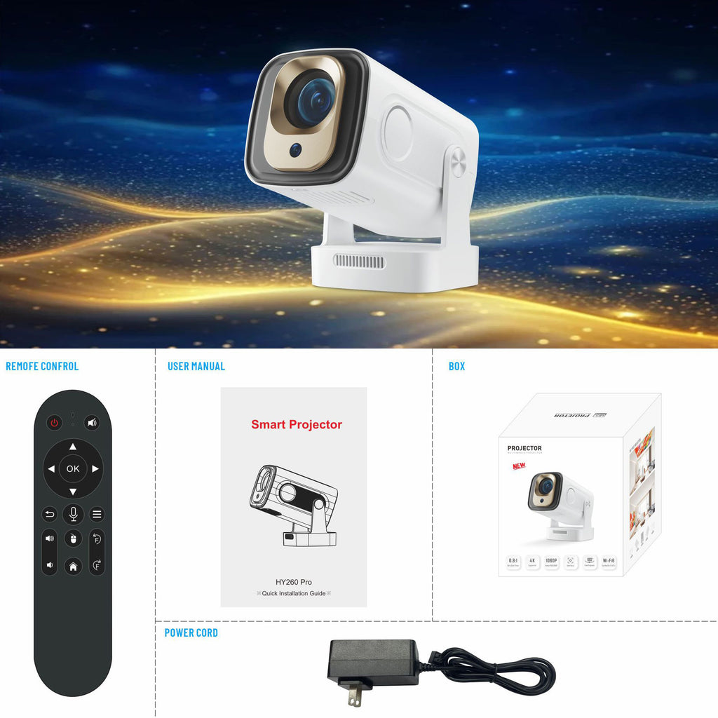 Portable mini projector – close-up of lens with remote control, power cord, user manual, and packaging on a space-themed background