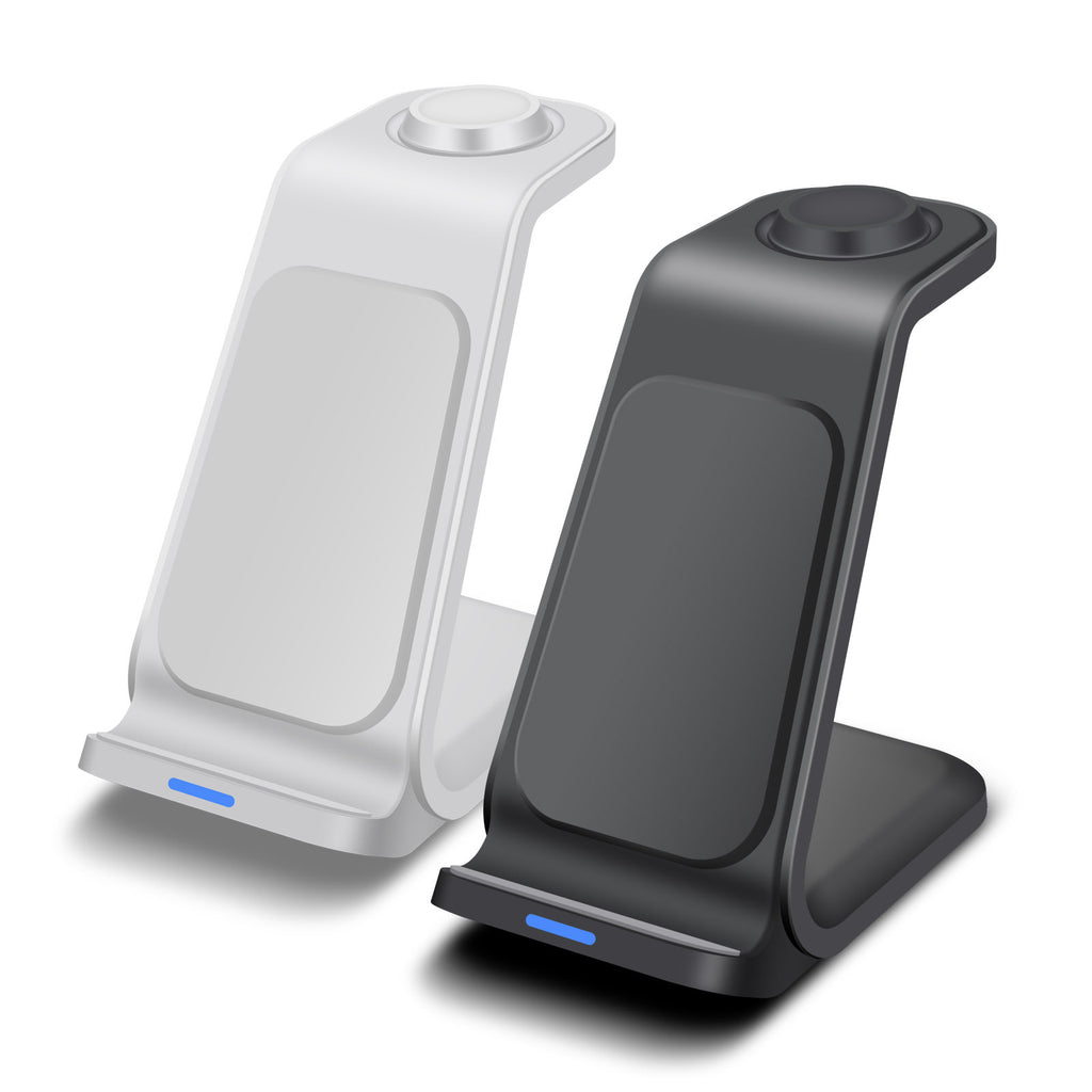 Two wireless charging stands, one white and one black, on a white background.