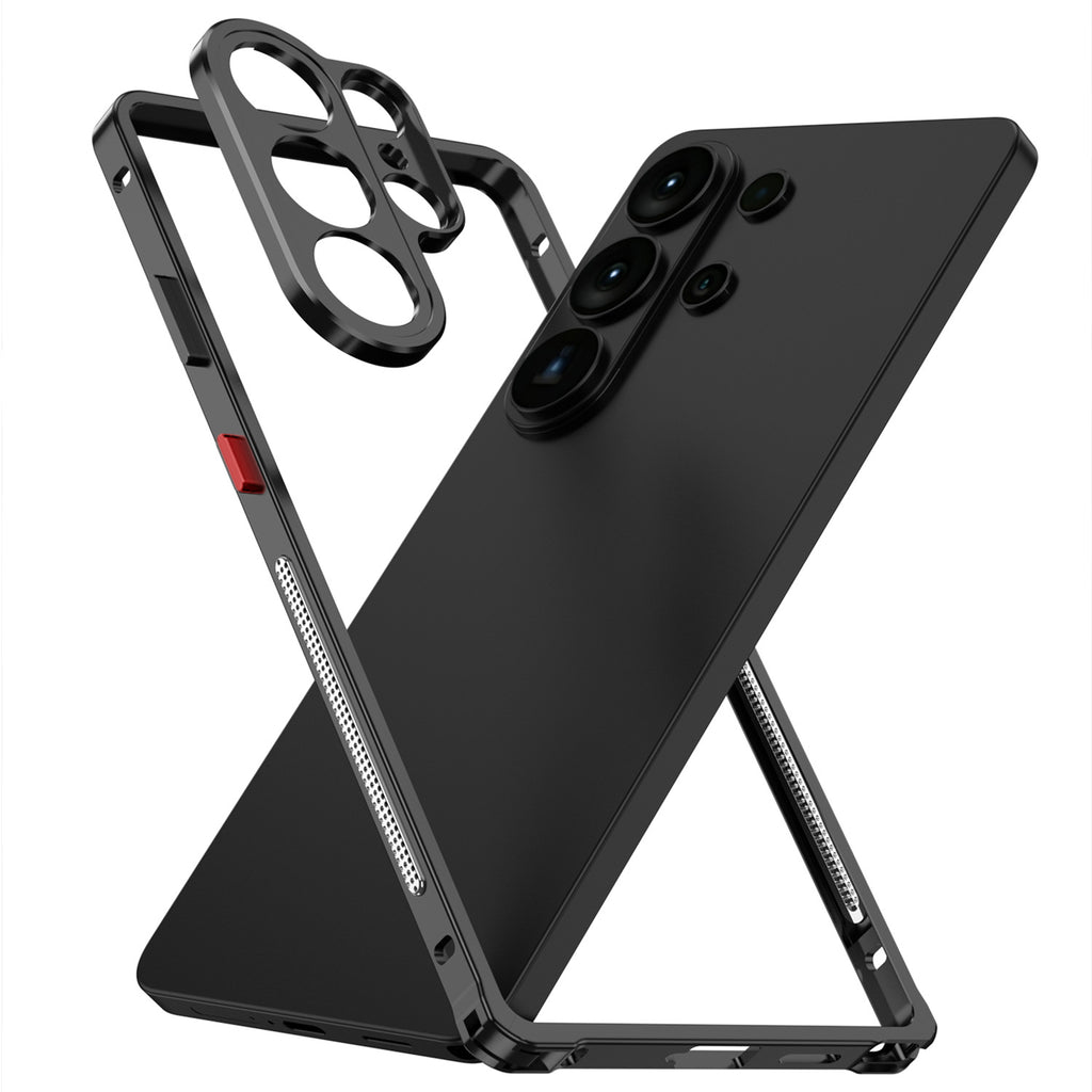 Black Samsung phone case with stand and ring holder on a white background 