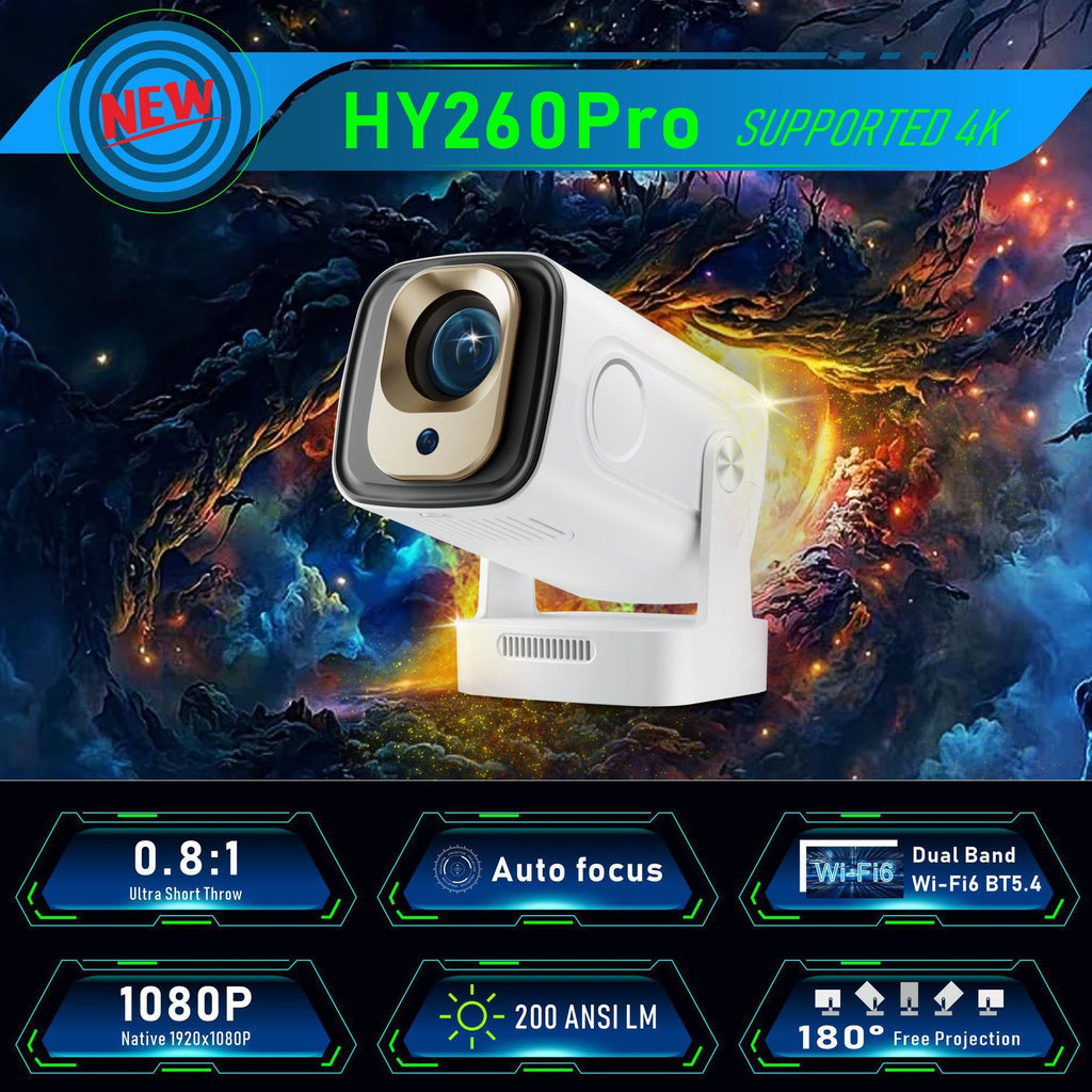 Portable mini projector with autofocus – side profile with features.