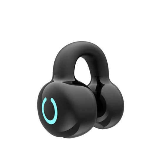 Black wireless earbuds with a blue light on a white background