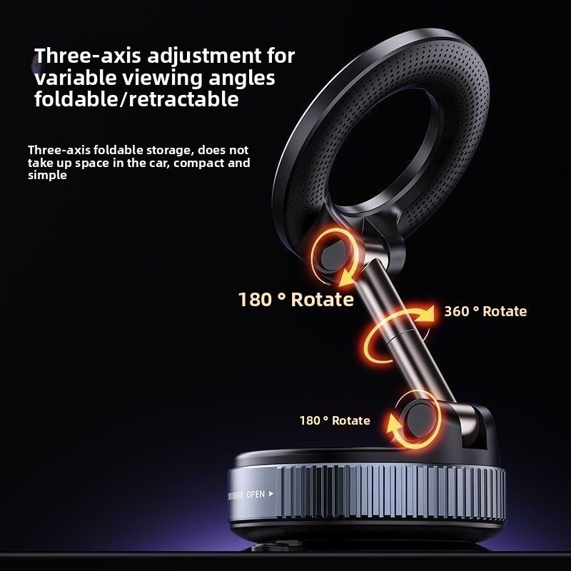 Foldable and retractable phone holder with three-axis adjustment on a black background