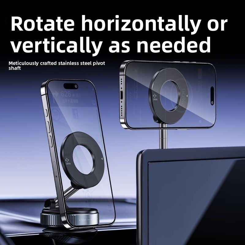 Magnetic vacuum car phone holder foldable universal mount with text indicating rotation capabilities on a dark background