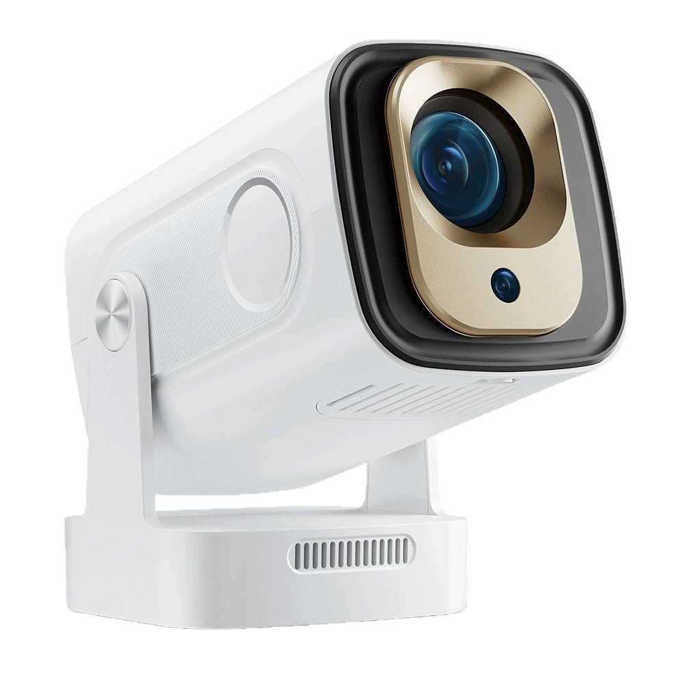 White Portable mini projector with autofocus – angle view with a black and gold lens on a white background