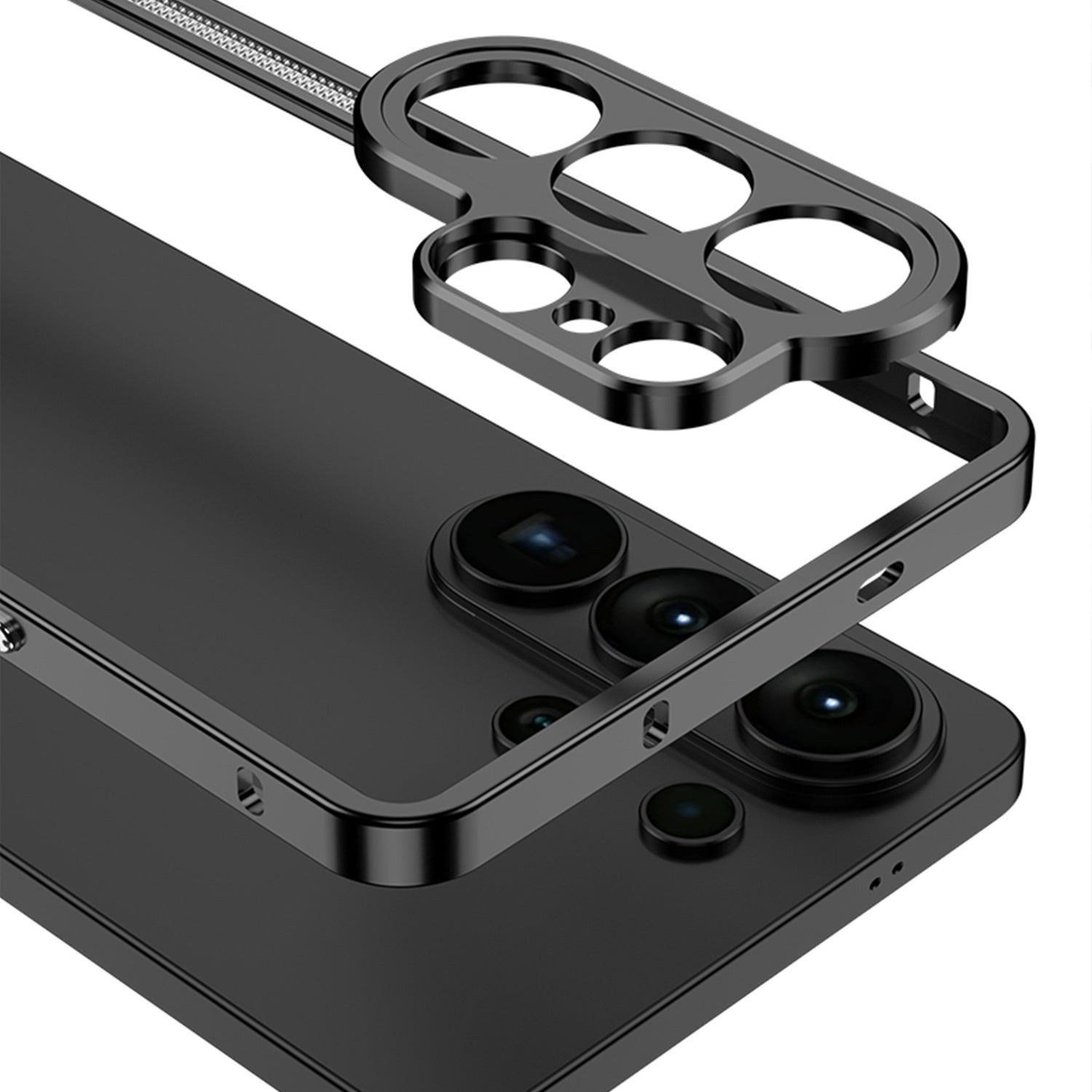 Black Samsung phone case with a unique design on a white background