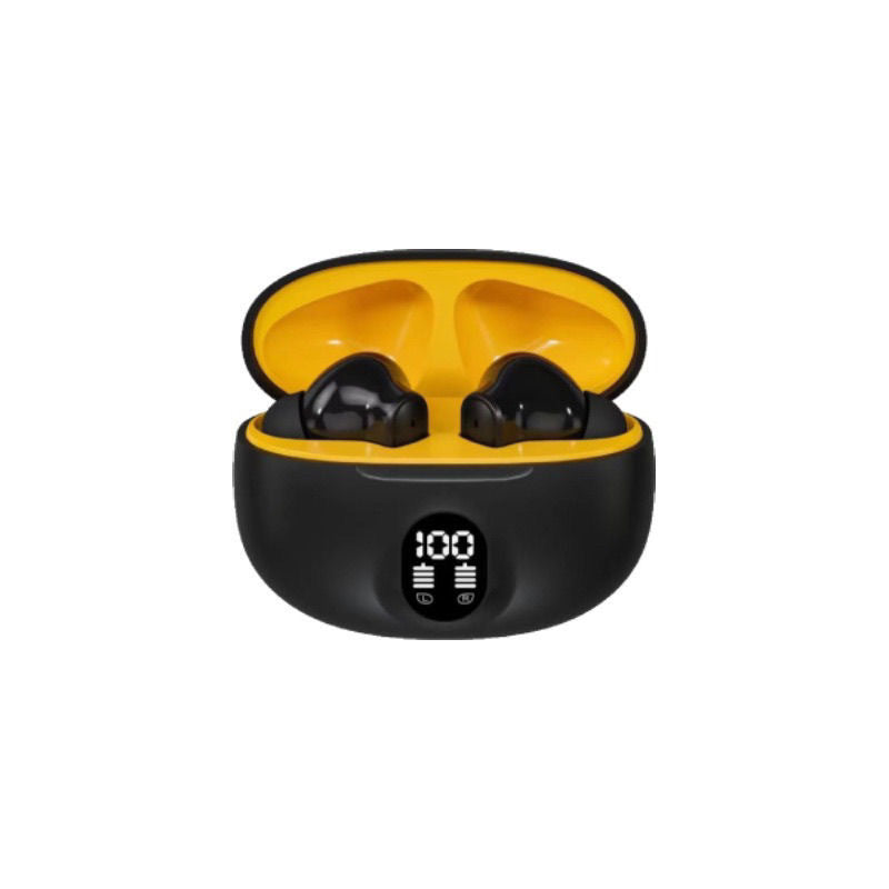 Black wireless earbuds in a yellow case with a digital display on a white background