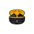 Black wireless earbuds in a yellow case with a digital display on a white background