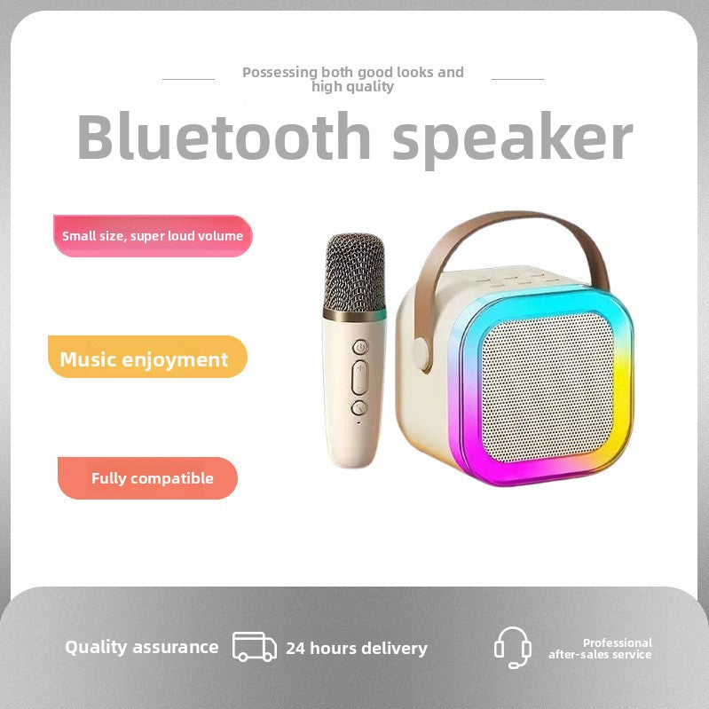 Bluetooth speaker with microphone on black and a gray background