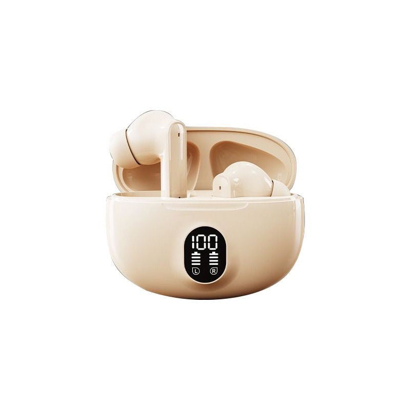 Beige wireless earbuds with charging case on a white background