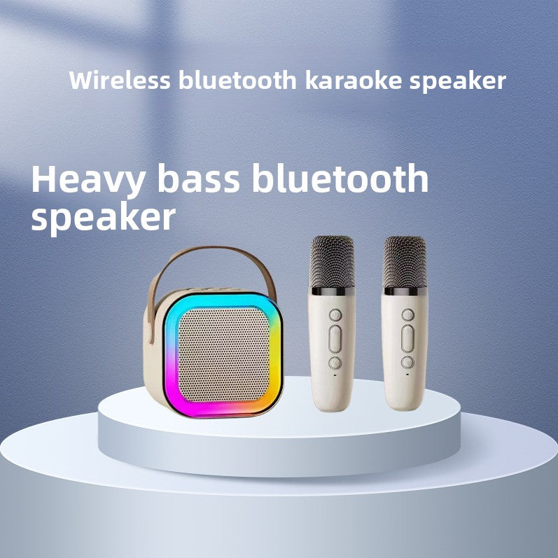 Wireless Bluetooth karaoke speaker with two microphones on a blue background