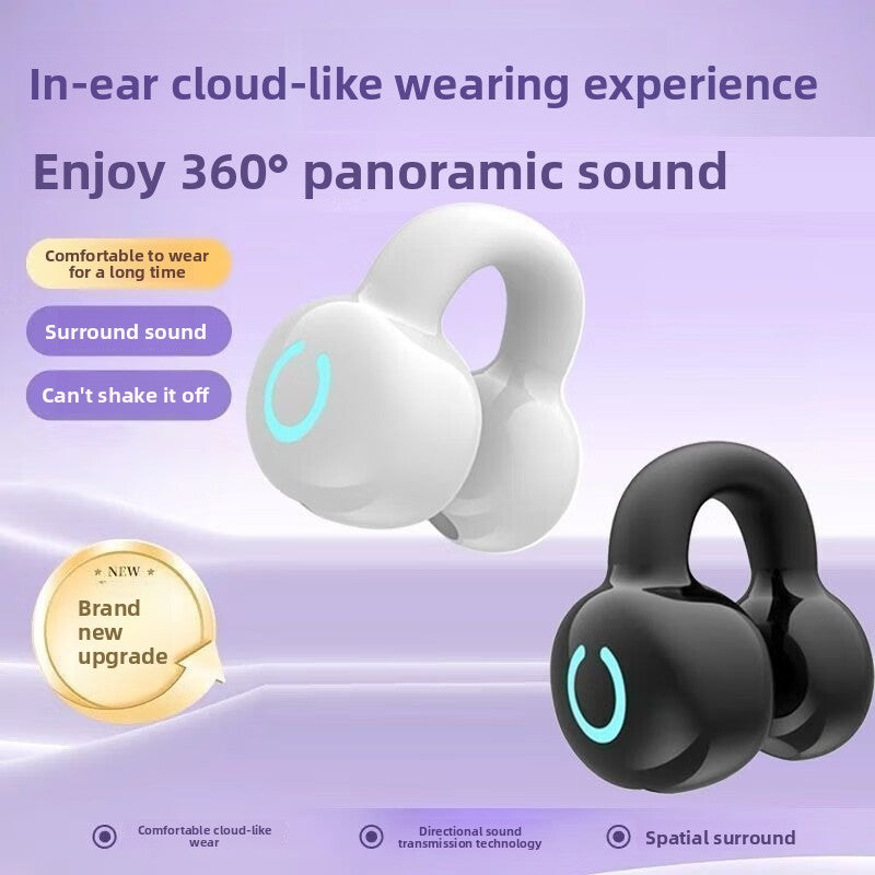 White and black wireless earbuds with text on a purple background