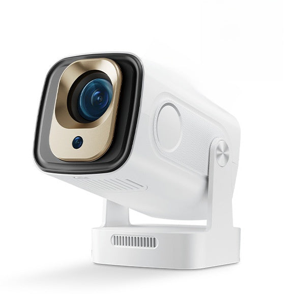 White Portable mini projector with autofocus – angle view with gold and black accents on a white background